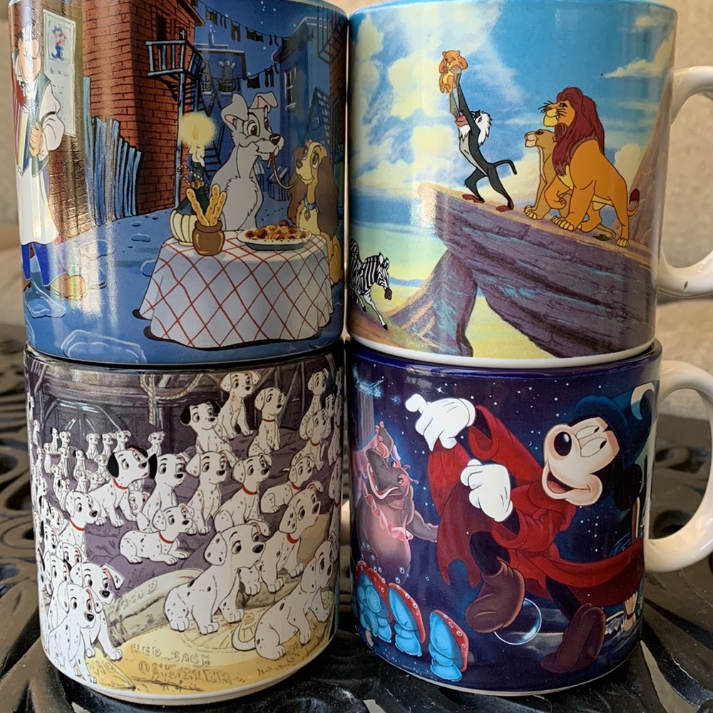 Set of 4 Disney Mugs, 101 Dalmatians, Lady & the Tramp, Fantasia & Lion King